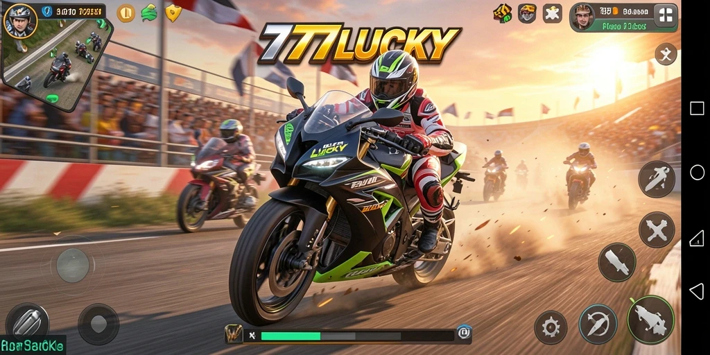 Screenshot gameplay <strong>777LUCKY</strong> yang menampilkan balapan motor yang seru.