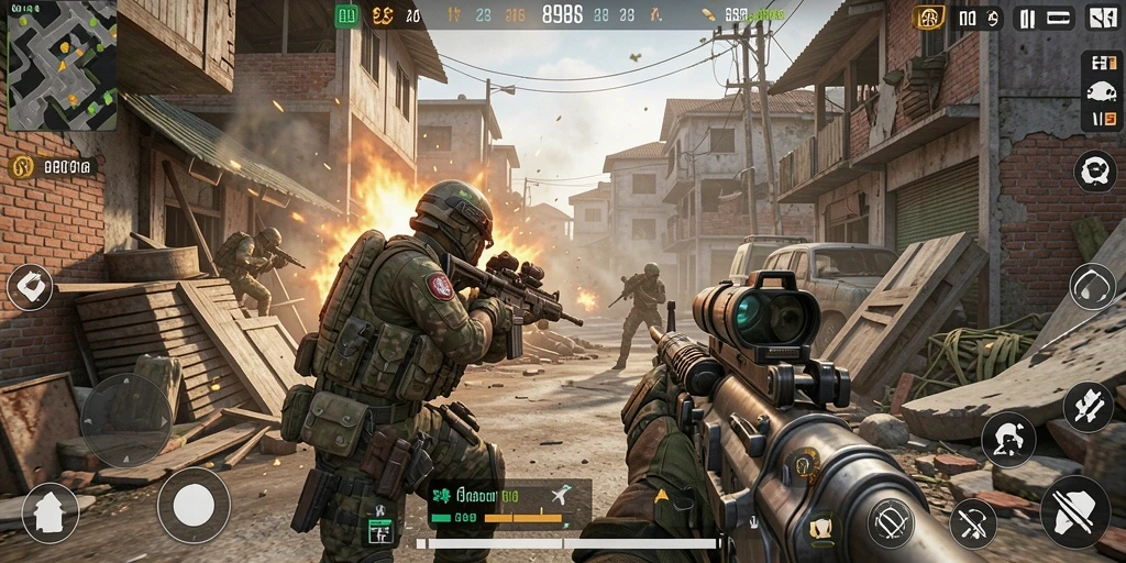 Tampilan screenshot gameplay 898A yang mendebarkan dalam pertempuran FPS.