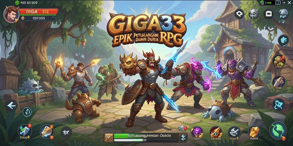 Screenshot gameplay RPG dari GIGA33 yang menampilkan pertarungan epik.