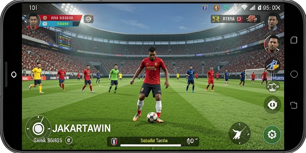 Tangkapan layar dari gameplay JAKARTAWIN yang menampilkan aksi di lapangan sepak bola.