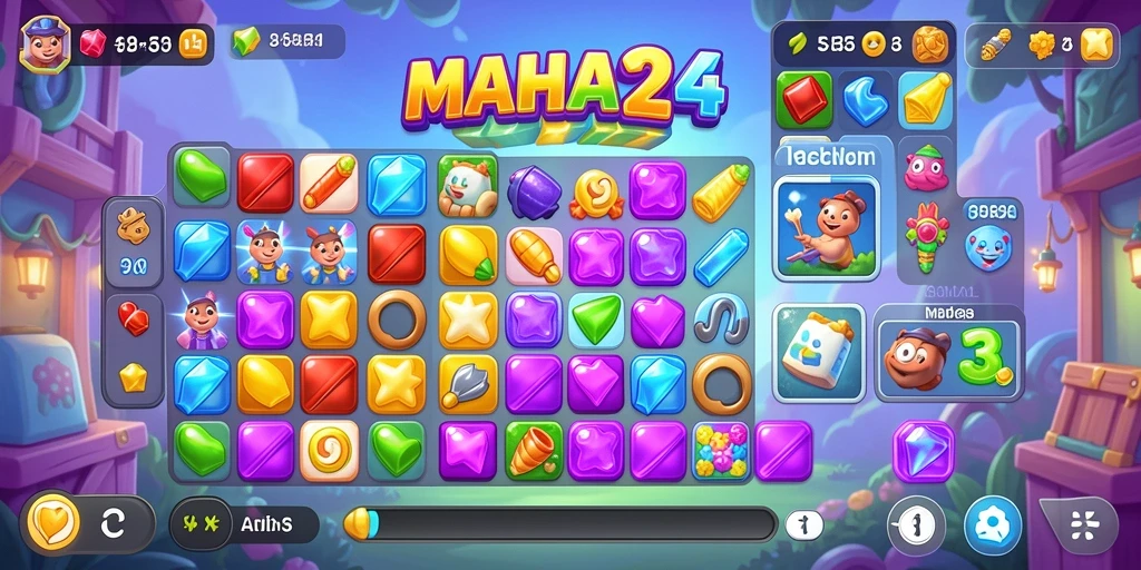 Screenshot menunjukkan gameplay seru MAHA24 dengan berbagai elemen warna-warni.