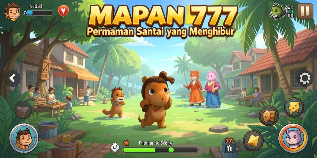 Screenshot gameplay <strong>MAPAN777</strong> menunjukkan visual warna-warni dan karakter yang menyenangkan.