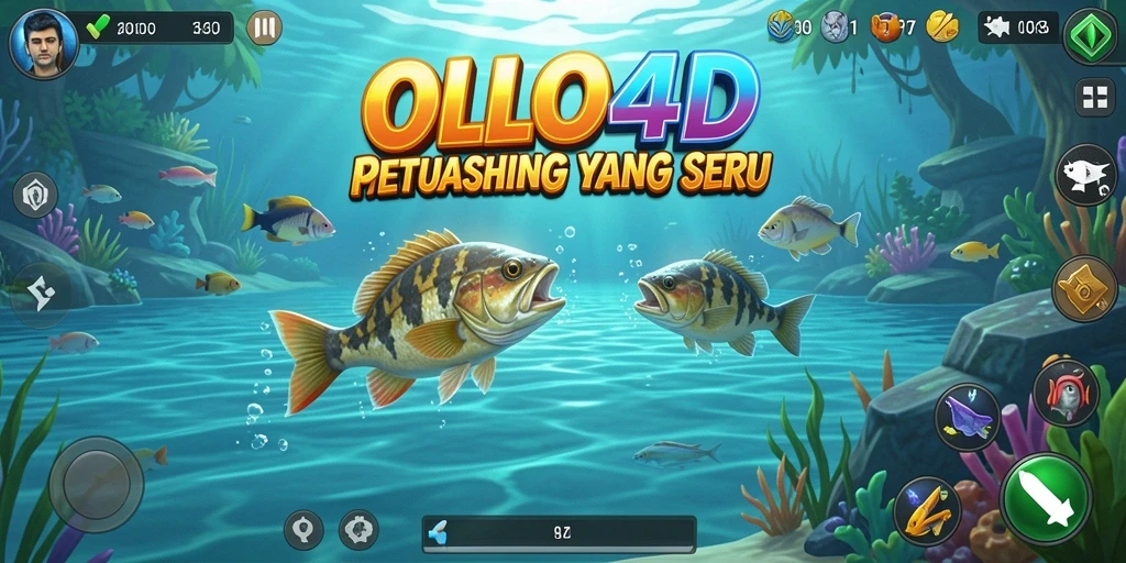 Screenshot utama OLLO4D menampilkan aksi memancing seru di lokasi yang indah.