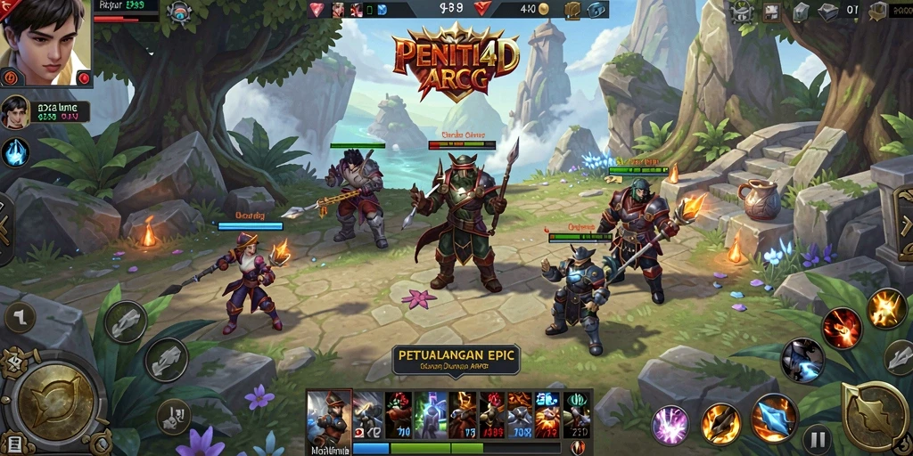 Screenshot gameplay PENITI4D menunjukkan pertempuran seru di dunia fantasi.