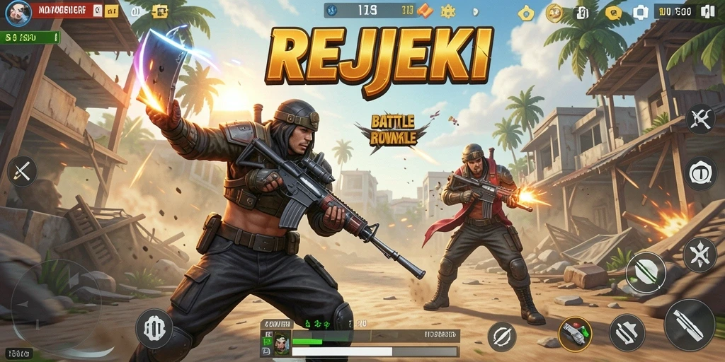 Screenshot gameplay <strong>REJEKI</strong> menampilkan aksi seru di medan perang Battle Royale.