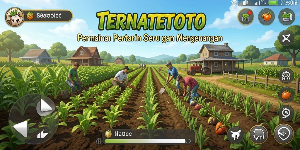 Screenshot gameplay TERNATETOTO menampilkan kebun yang indah dengan berbagai tanaman.
