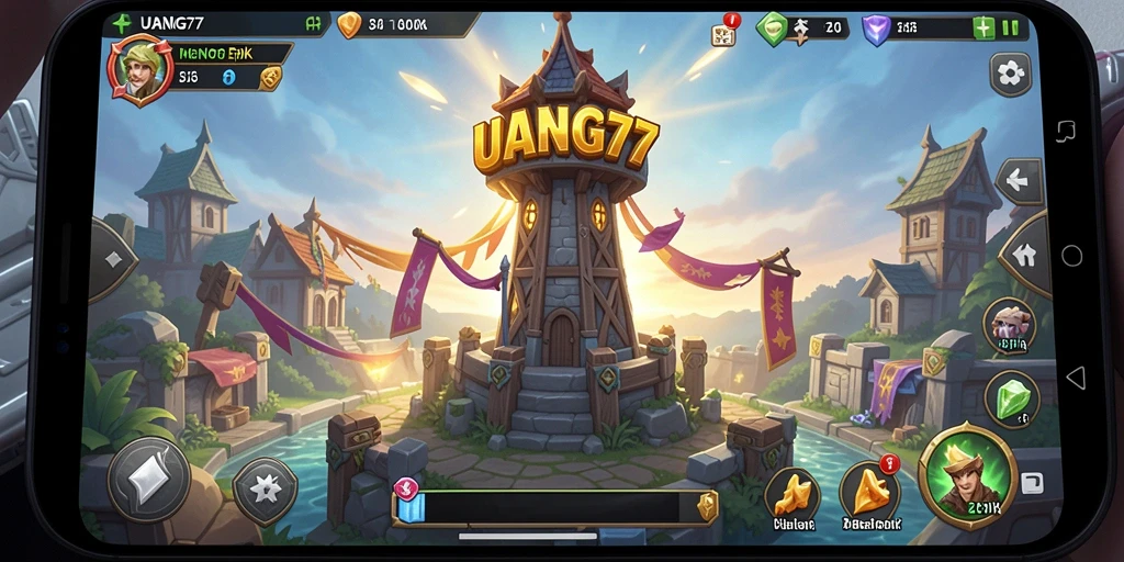 Gameplay menakjubkan dari UANG77 menampilkan pertarungan menara melawan gelombang musuh.
