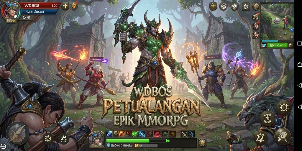 Screenshot utama WDBOS menampilkan pertarungan epik dalam dunia MMORPG.